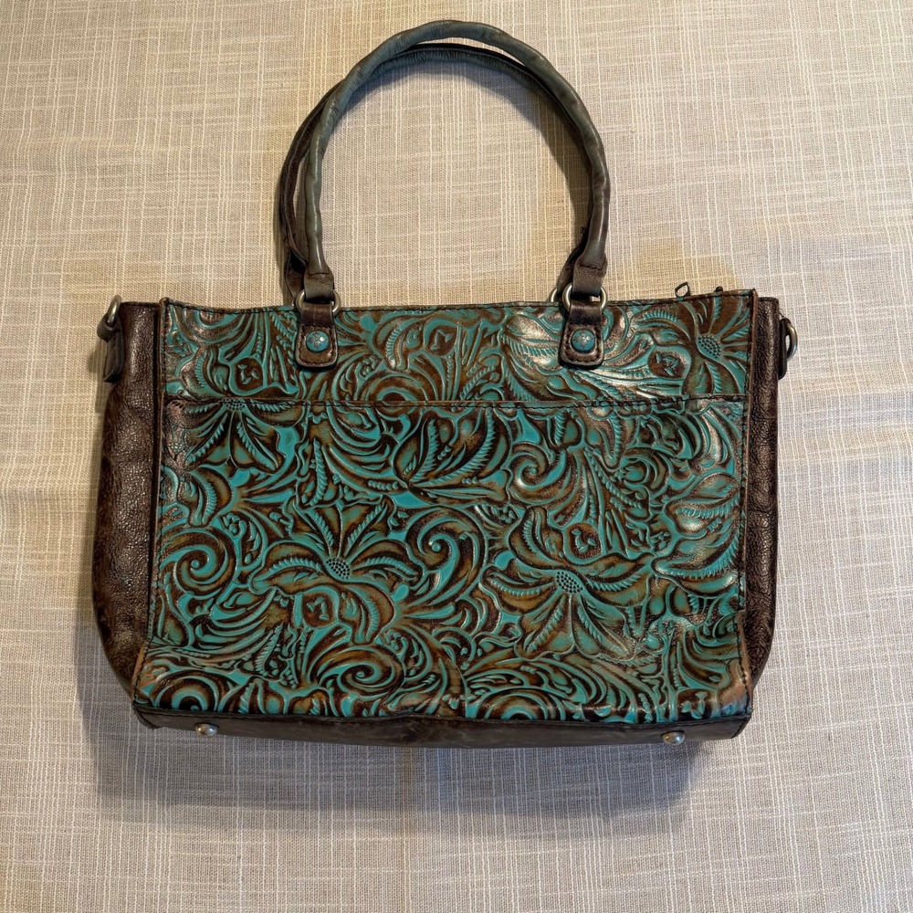 Patricia Nash Brown Leather Turquoise Tooled Floral Tote Shoulder Bag Handbag